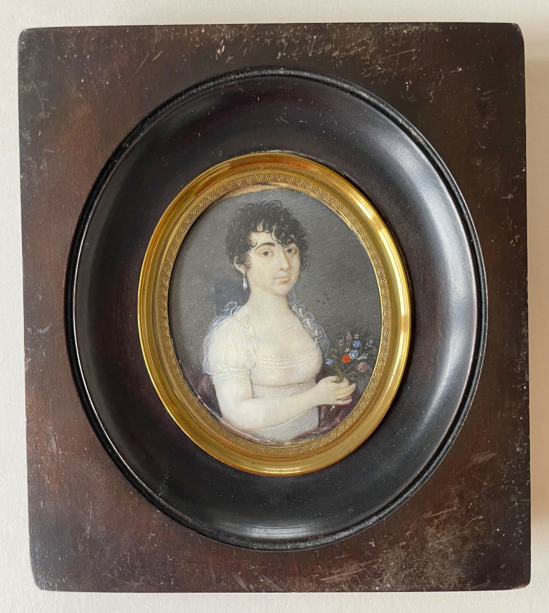 Empire-era Miniature Portrait Of A Woman Holding A Bouquet Of Flowers