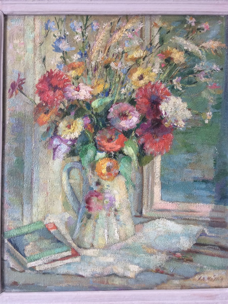 Superbe Tableau Peinture Joseph Muslin Peintre Alsacien Bouquet De Fleurs Alsace Cadre Bouche-photo-1