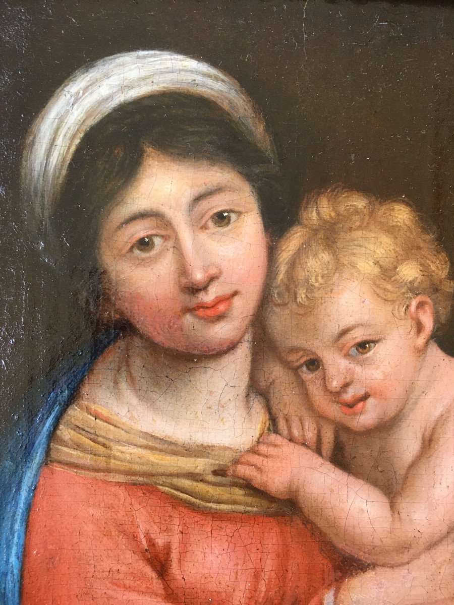 Très Beau Tableau Religieux XVIIIème Vierge à l'Enfant, Marie Et Jesus-photo-1