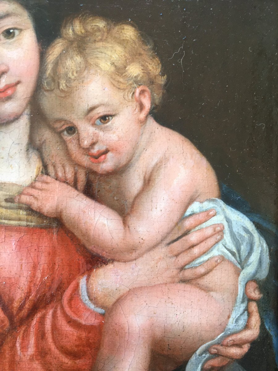 Très Beau Tableau Religieux XVIIIème Vierge à l'Enfant, Marie Et Jesus-photo-2