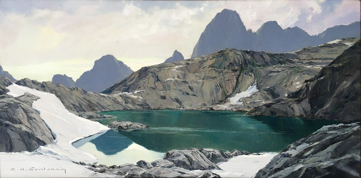 Tr&egrave;s Beau Tableau de Charles Henri Contencin Peintre De Montagne Vue Du Lac Noir &agrave; Chamonix-photo-2