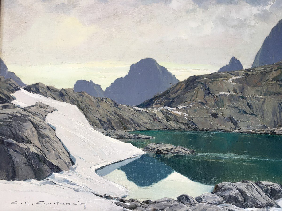 Tr&egrave;s Beau Tableau de Charles Henri Contencin Peintre De Montagne Vue Du Lac Noir &agrave; Chamonix-photo-3