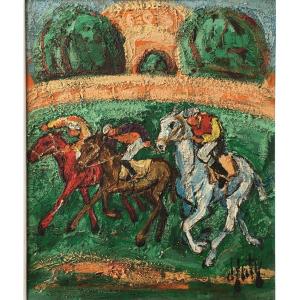 Superb Painting Horse Riders In Deauville By Henri d'Anty