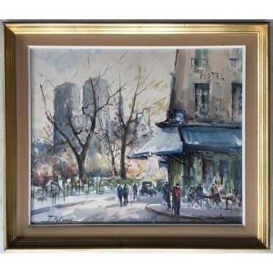 Watercolor View Of Paris Notre Dame By Lucien Delarue 1925-2011