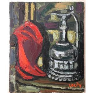 Painting Still Life With Red Drape By Jean Couty 1907-1991 Lyonnais Painter