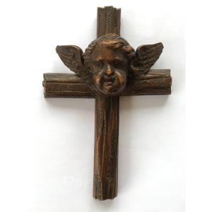 Tête d'Ange En Bois Sculpté XIXème Putti Croix