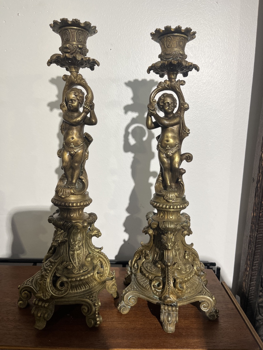 Pair Of 19th-century Bronze Putti Candleholders-photo-2