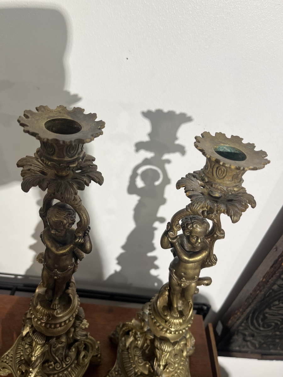 Pair Of 19th-century Bronze Putti Candleholders-photo-4
