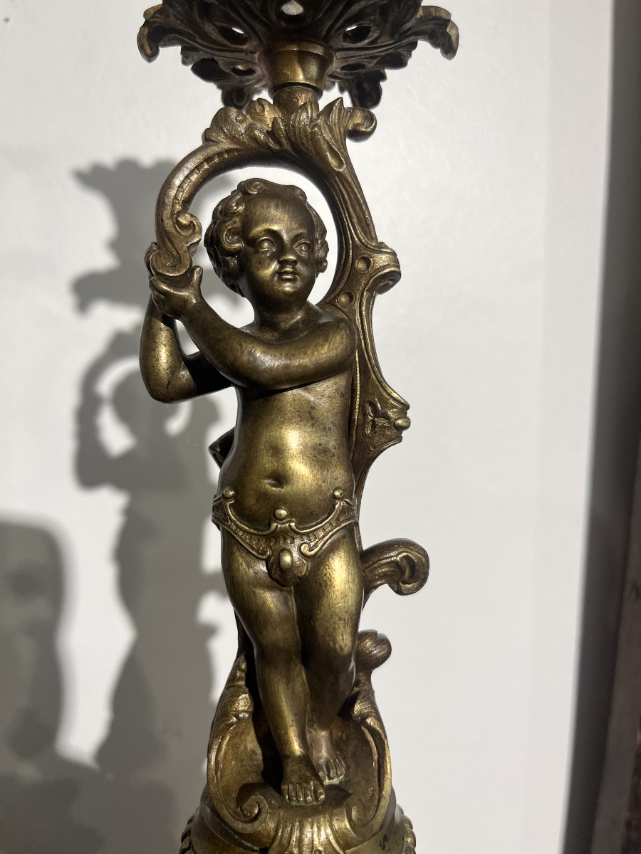 Pair Of 19th-century Bronze Putti Candleholders-photo-2