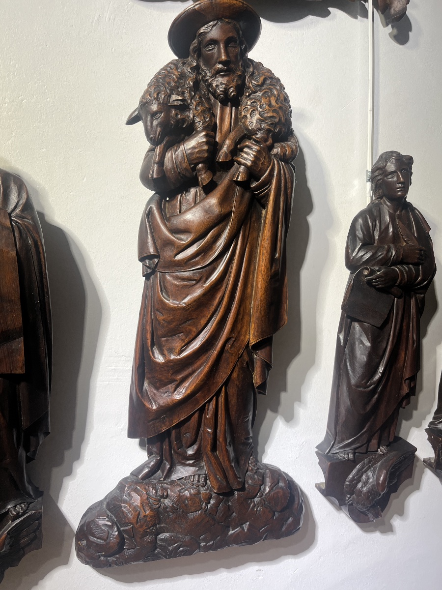 19th-century Carved Wooden Pulpit Elements — Christ The Good Shepherd And The Four Evangelists-photo-3