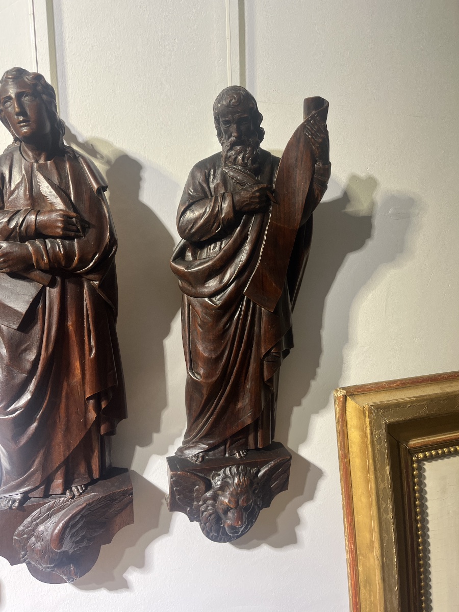 19th-century Carved Wooden Pulpit Elements — Christ The Good Shepherd And The Four Evangelists-photo-3
