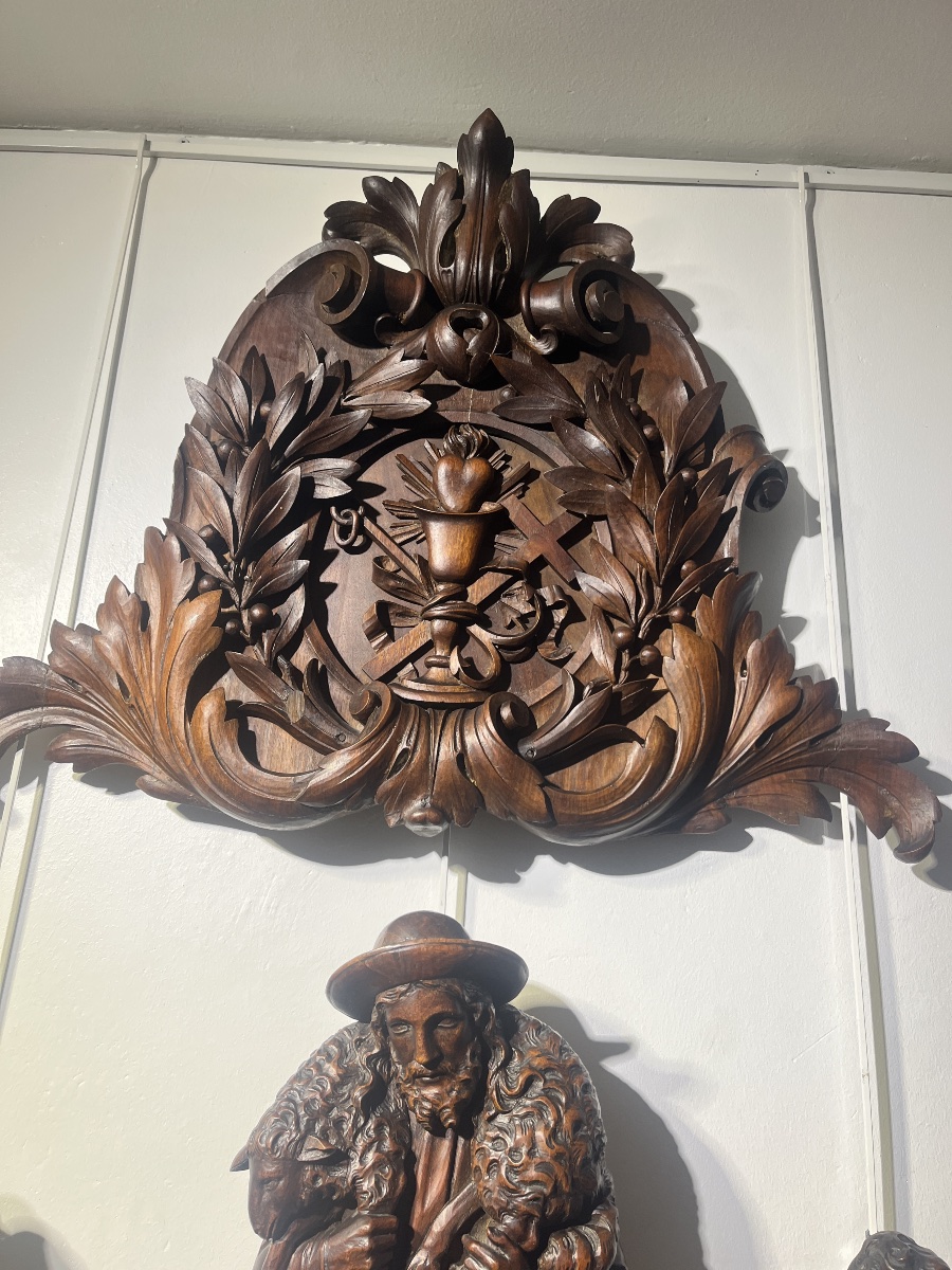19th-century Carved Wooden Pulpit Elements — Christ The Good Shepherd And The Four Evangelists-photo-4