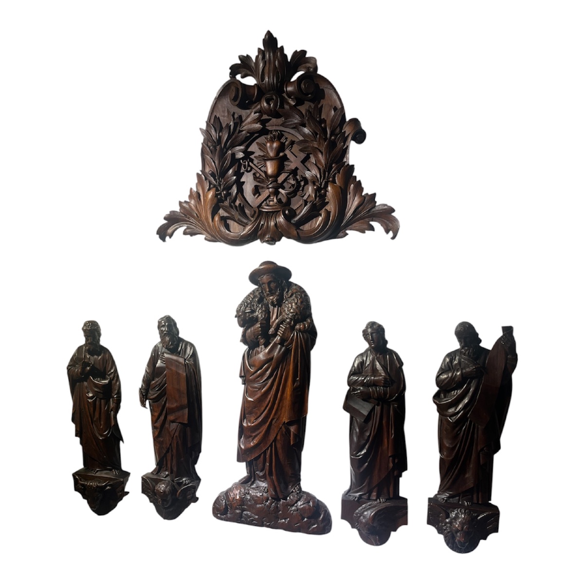 19th-century Carved Wooden Pulpit Elements — Christ The Good Shepherd And The Four Evangelists