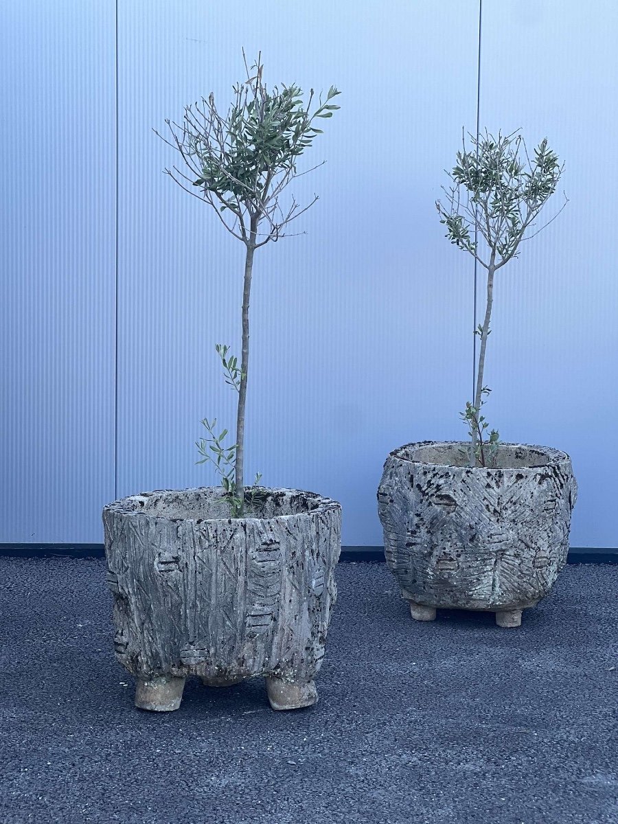 Paire De Vase Béton Imitation Tronc D Arbre-photo-3