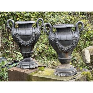 Pair Of Swan Cast Iron Vases