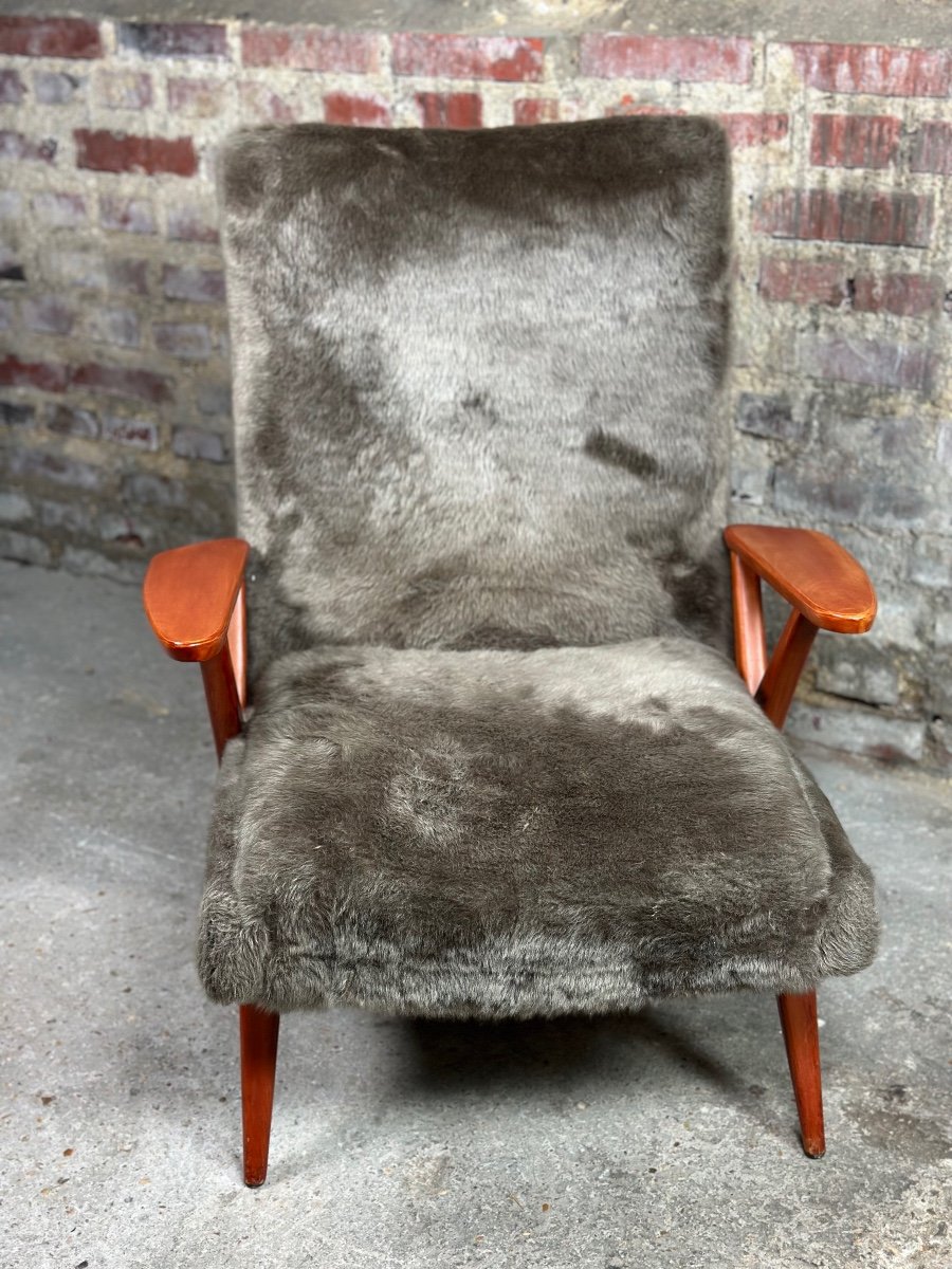 Vintage 50's Scandinavian Armchair In Stained Beech And Plush Fabrics-photo-2