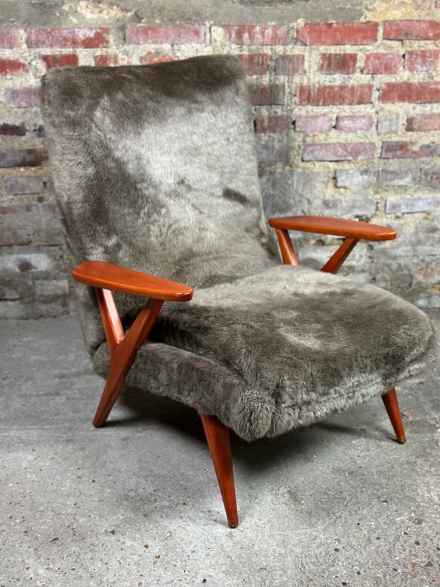 Vintage 50's Scandinavian Armchair In Stained Beech And Plush Fabrics-photo-1