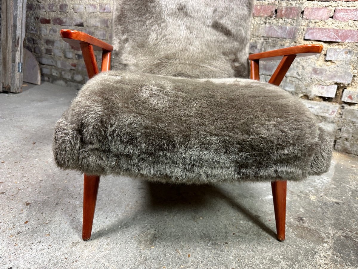Vintage 50's Scandinavian Armchair In Stained Beech And Plush Fabrics-photo-3