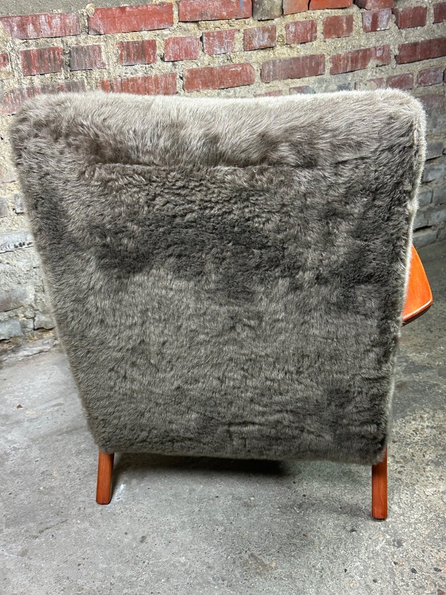 Vintage 50's Scandinavian Armchair In Stained Beech And Plush Fabrics-photo-4