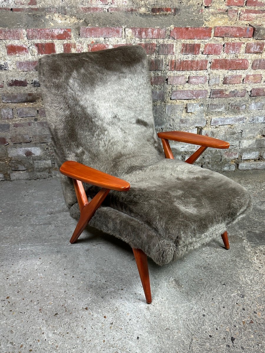 Vintage 50's Scandinavian Armchair In Stained Beech And Plush Fabrics