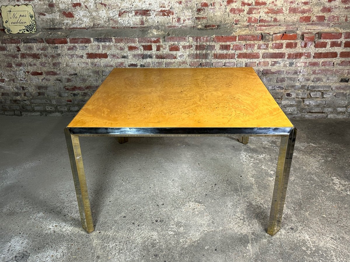 Vintage 70 Italian Square Table In Moire Metal And Elm Burl