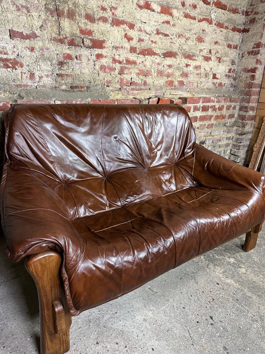 Vintage 60's Sofa In The Percival Lafer Taste In Wood And Leather-photo-2