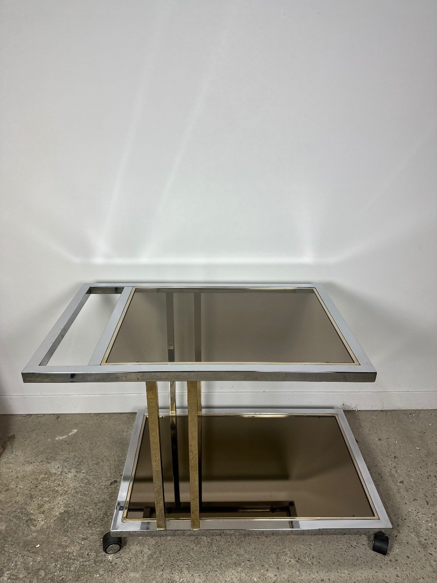Trolley / Belgo Chrom Rolling Table In Chromed And Golden Brass 70's-photo-7