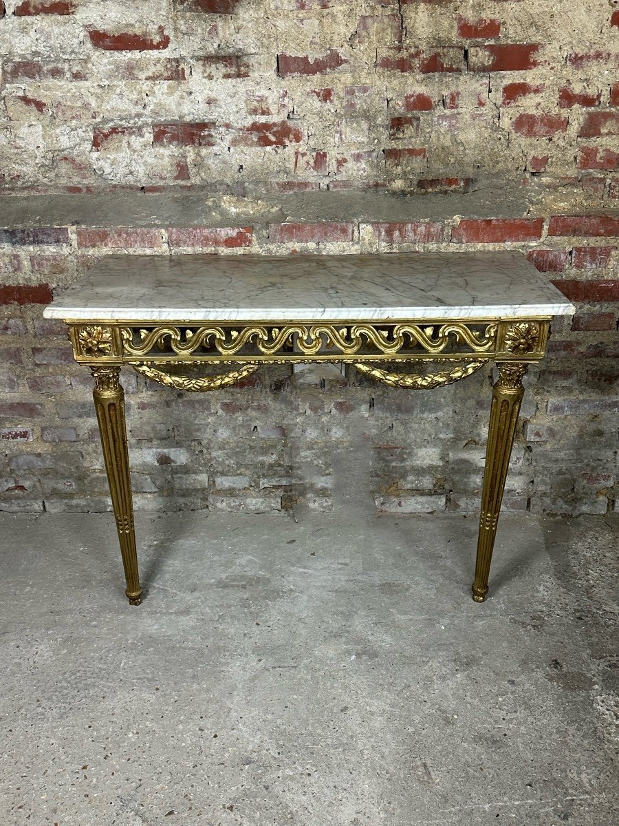 Louis XVI Style Console In Carved Wood Marble Top XVIII Eme-photo-1