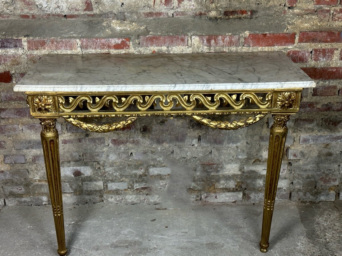 Louis XVI Style Console In Carved Wood Marble Top XVIII Eme