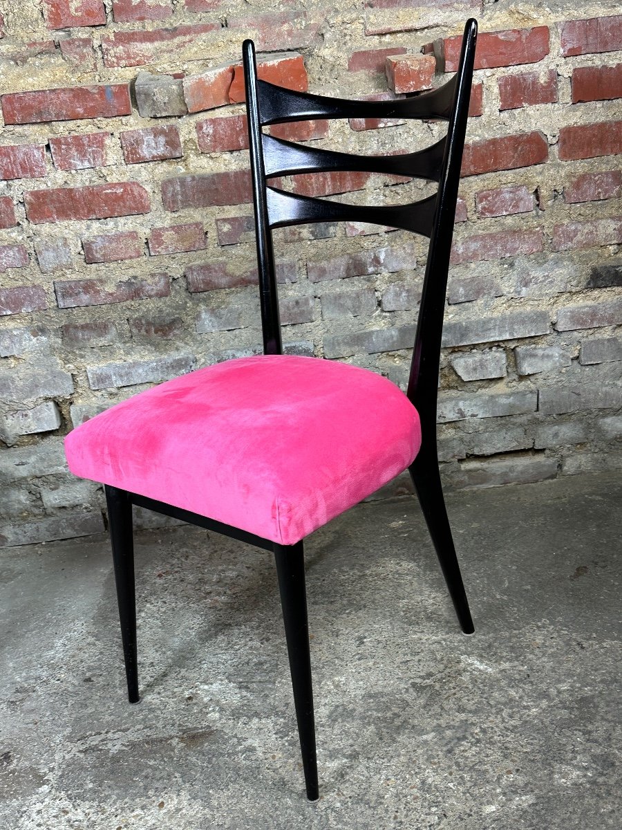 Vintage 60's Chairs (set Of 4) Italy In Blackened Wood And Pink Velvet-photo-6