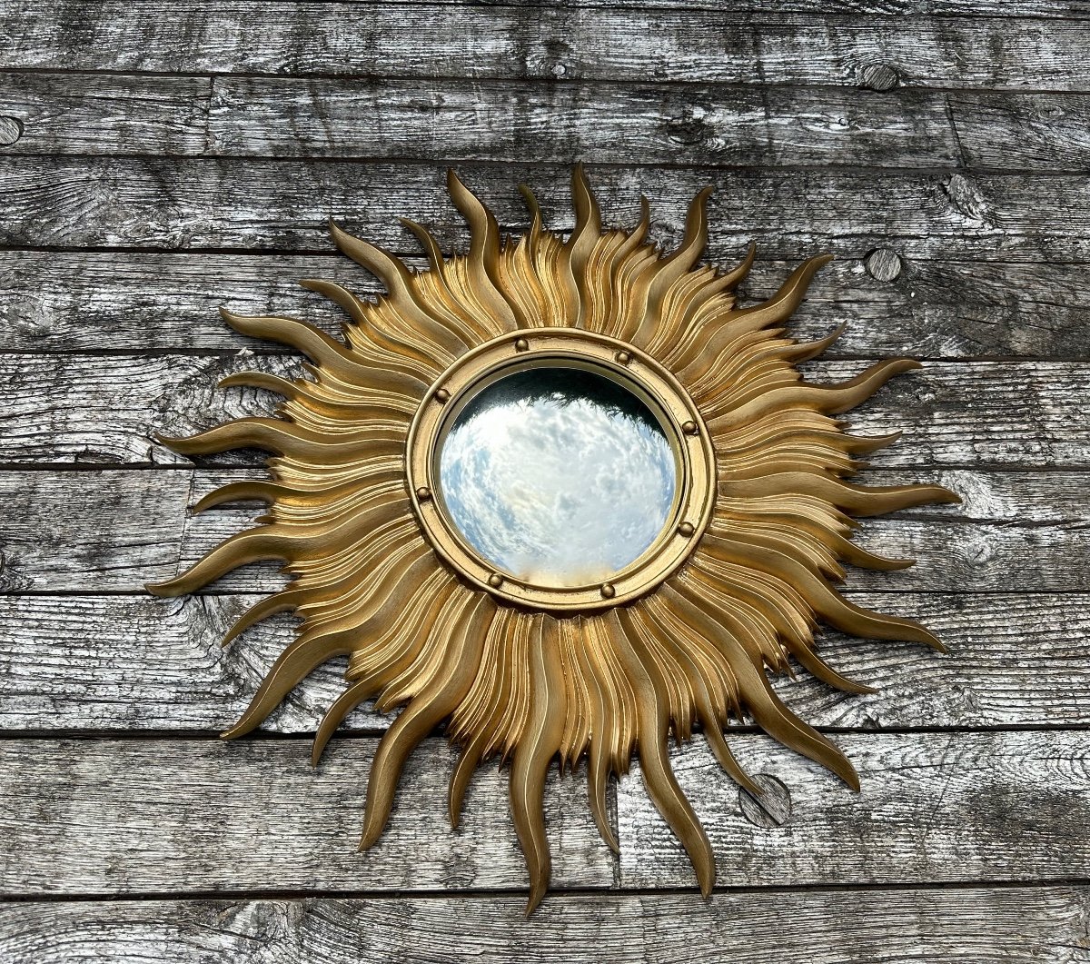 Miroir Soleil Italien Vintage 1960 En Résine Doré Avec Oeil De Sorcière 63 Cm-photo-3
