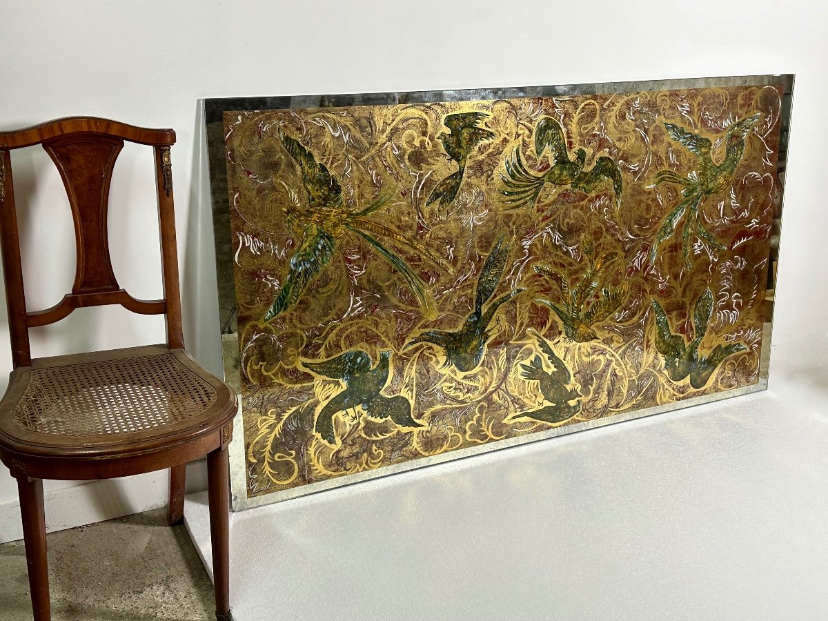 Panneau De Verre Miroir églomisé Oiseaux De Paradis 1950-photo-2