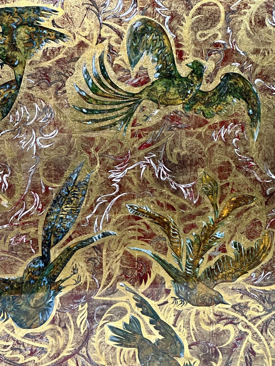 Panneau De Verre Miroir églomisé Oiseaux De Paradis 1950-photo-6