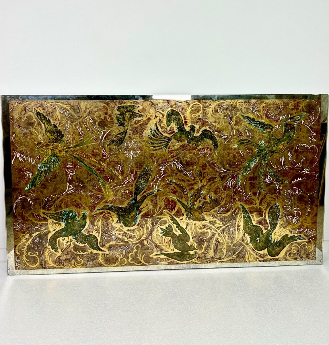 Panneau De Verre Miroir églomisé Oiseaux De Paradis 1950