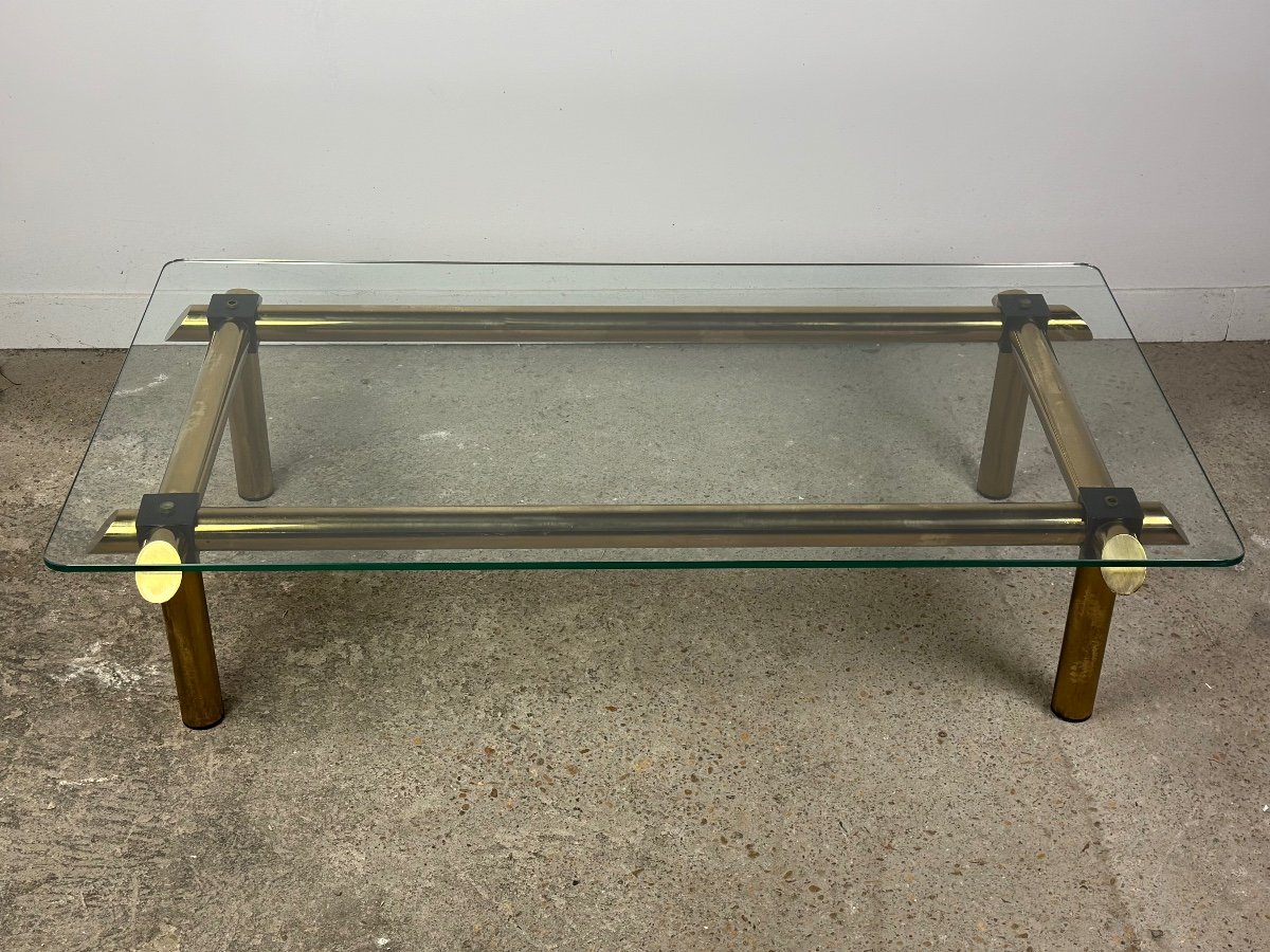 Table Basse Italienne Vintage 80's En Laiton Et Fer