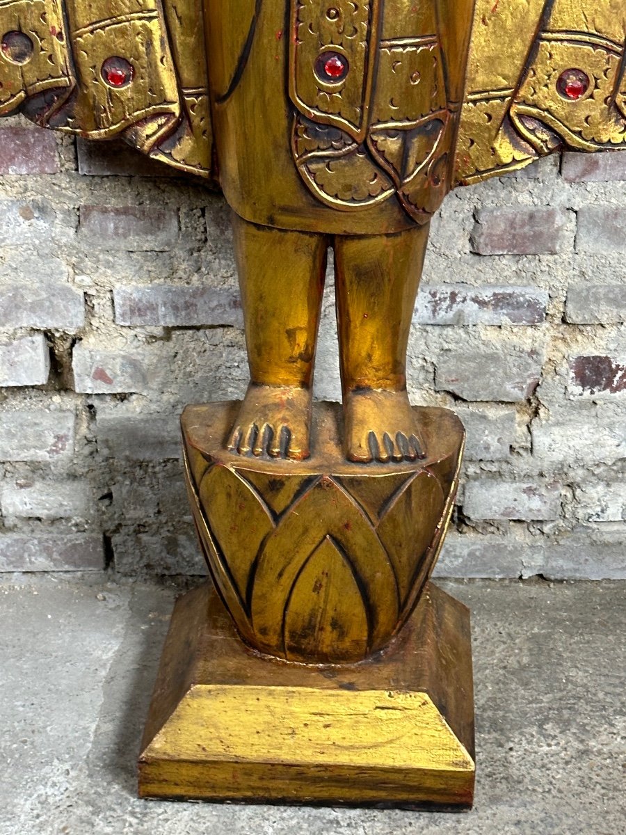 Burmese Mandalay Buddha In Carved Golden Wood Ht 205 Cm-photo-3