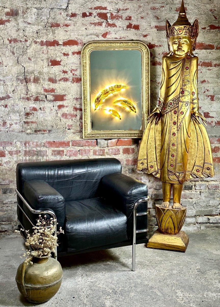 Burmese Mandalay Buddha In Carved Golden Wood Ht 205 Cm-photo-1