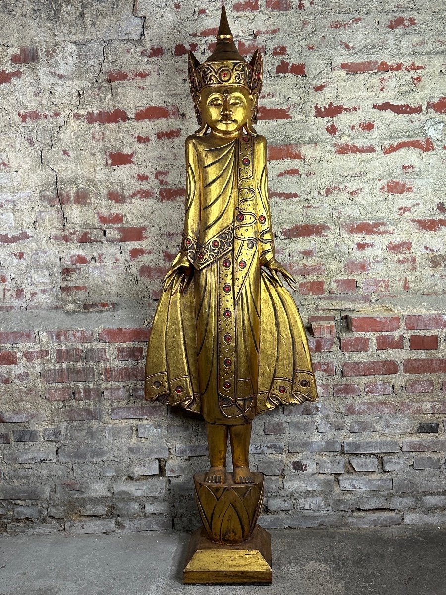 Burmese Mandalay Buddha In Carved Golden Wood Ht 205 Cm