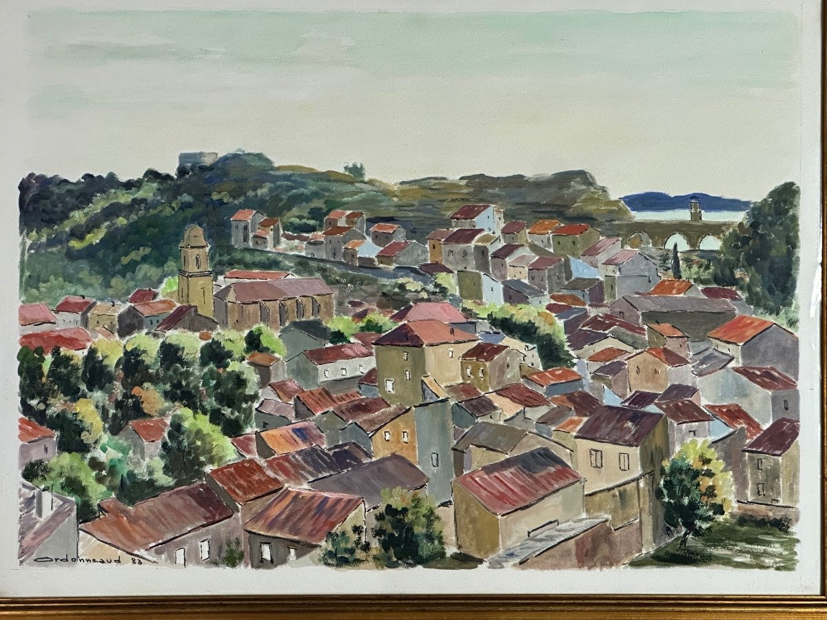 Painting / Watercolor Landscape Of Provence Signed Jean Ordonneaud 1983-photo-2