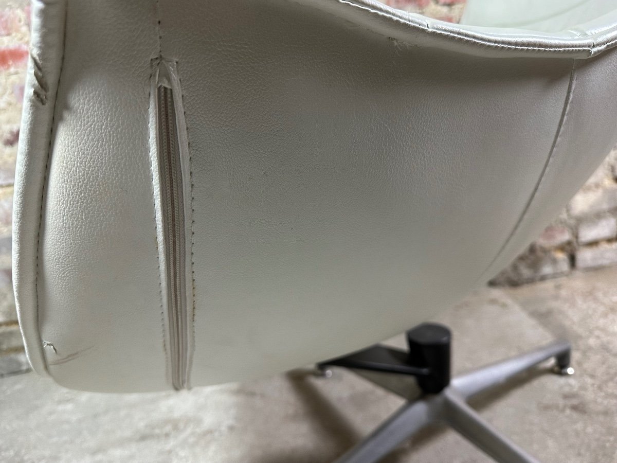 Fauteuil Coque En Simili Cuir Blanc Nacré Vintage 80's-photo-7
