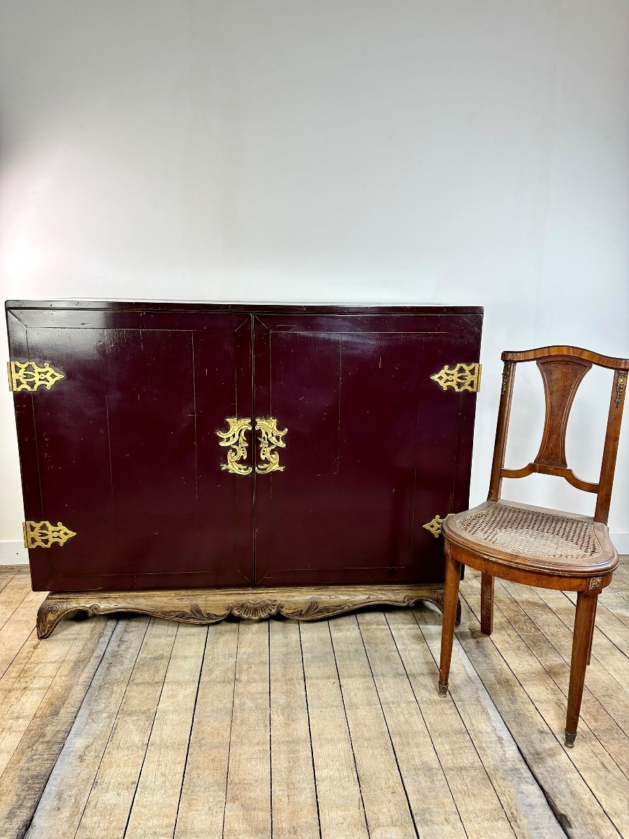 Meuble Buffet En Bois Laqué Et Laiton 1950's-photo-4