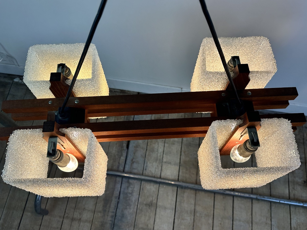 Lustre Scandinave En Teck Et Perspex Vintage 1960-photo-4