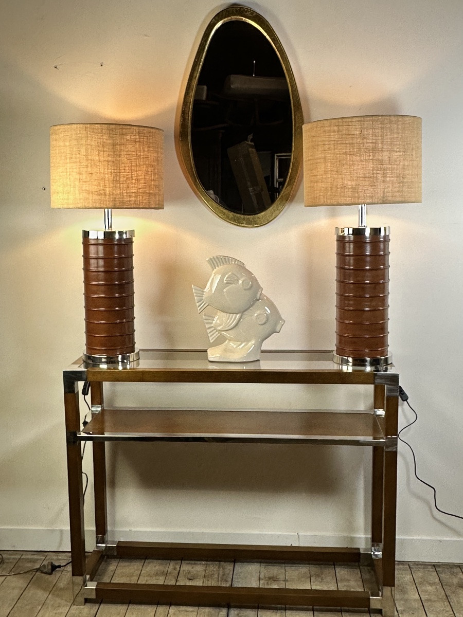 Leather And Metal Covered Lamp, 1990s, Height 80 Cm-photo-4