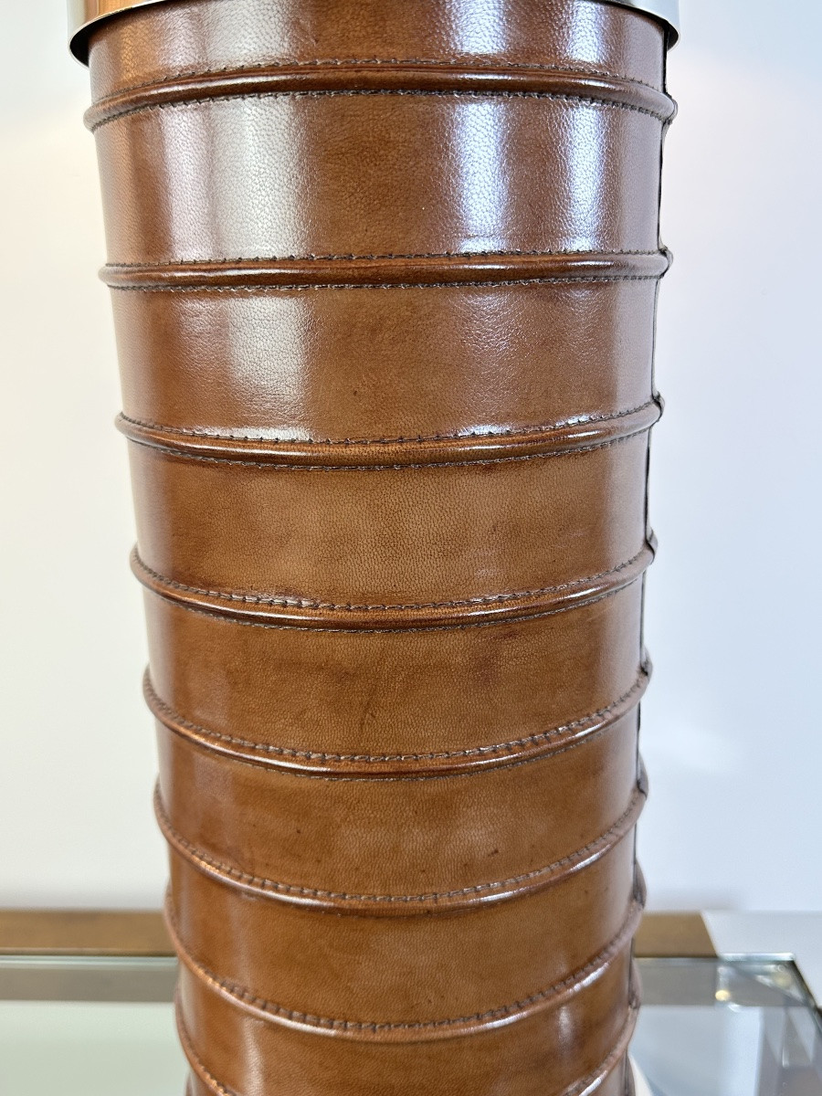 Leather And Metal Covered Lamp, 1990s, Height 80 Cm-photo-1