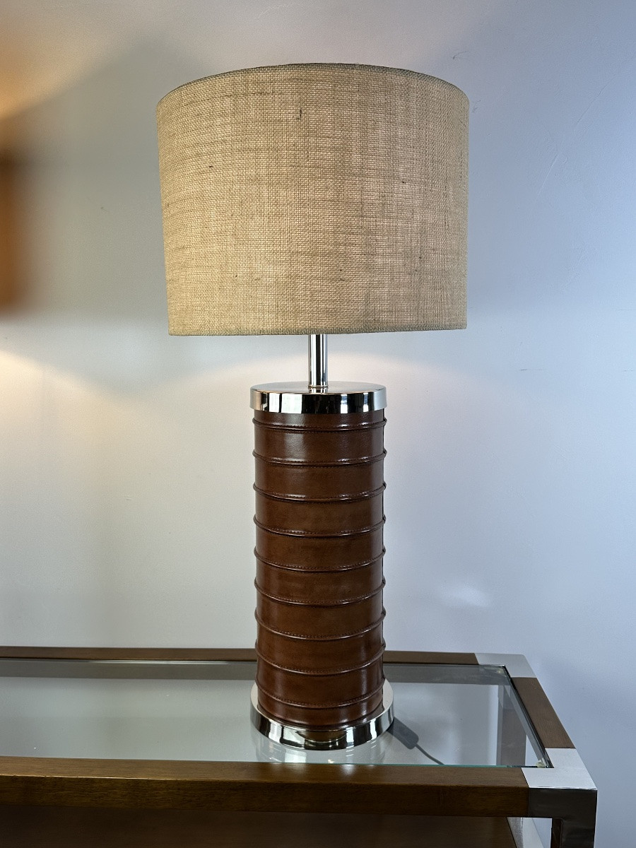 Leather And Metal Covered Lamp, 1990s, Height 80 Cm-photo-3