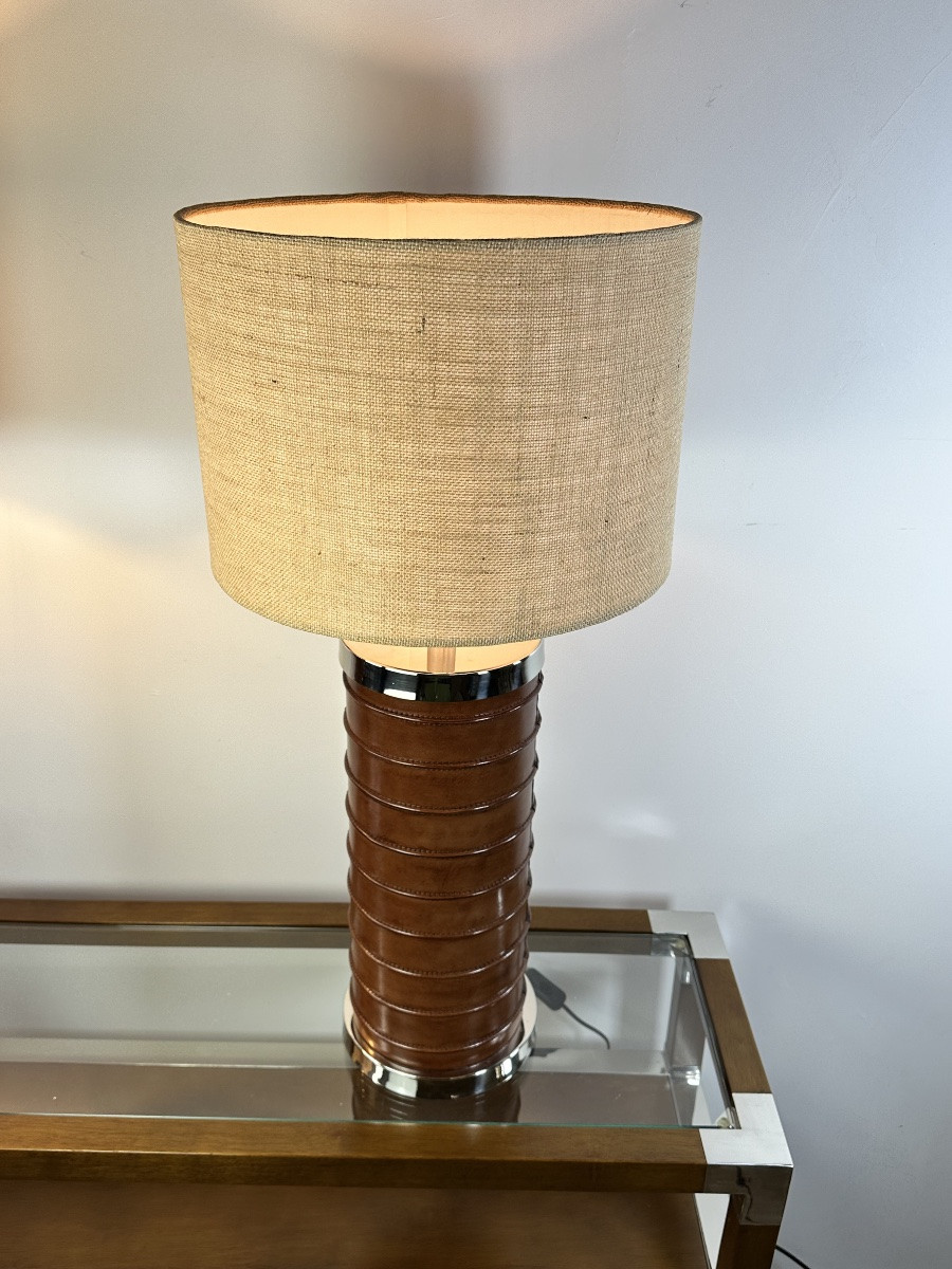 Leather And Metal Covered Lamp, 1990s, Height 80 Cm-photo-4