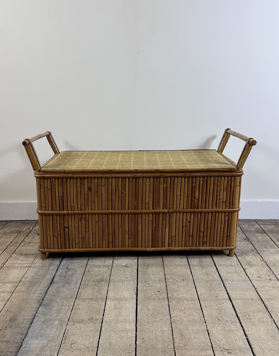 Banc Coffre De Rangement En Rotin Vintage 1960
