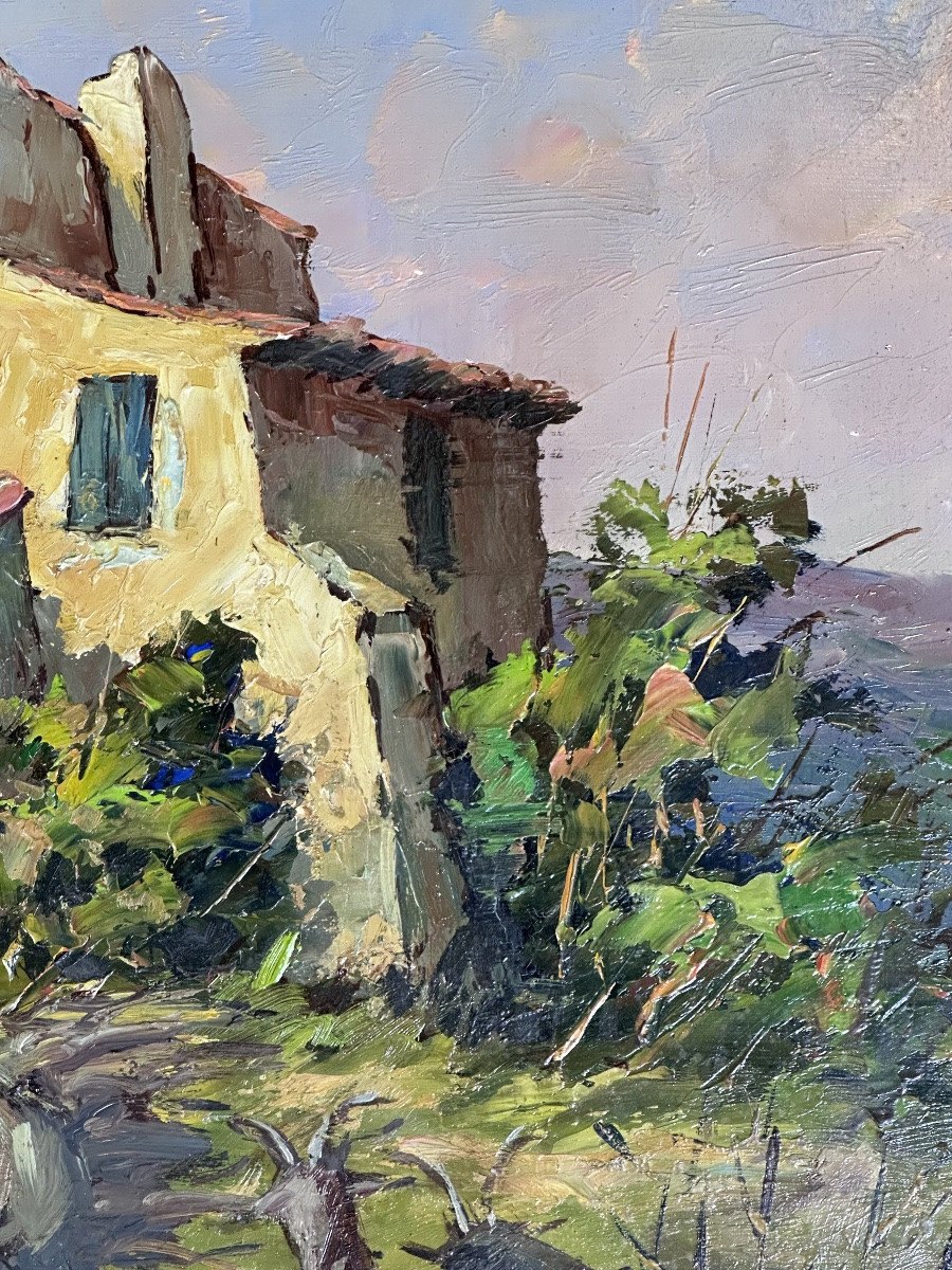 Peinture huile sur panneau "Scène provençale" par Georges Car-photo-4