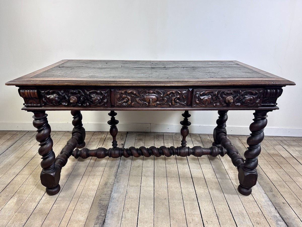 Louis XIII Style Oak Desk Stamped Mombro Ainé 19th Century-photo-6