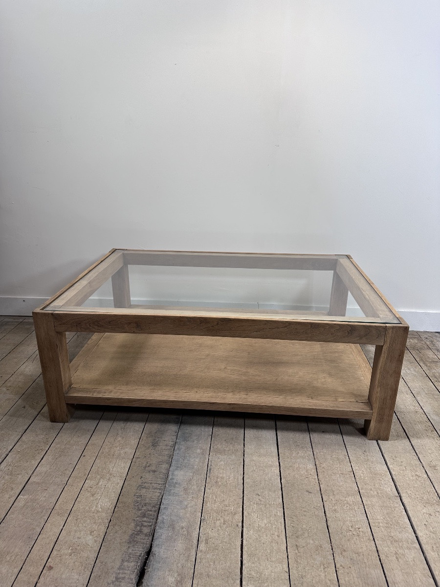 Table basse brutaliste en chêne avec un plateau verre-photo-2